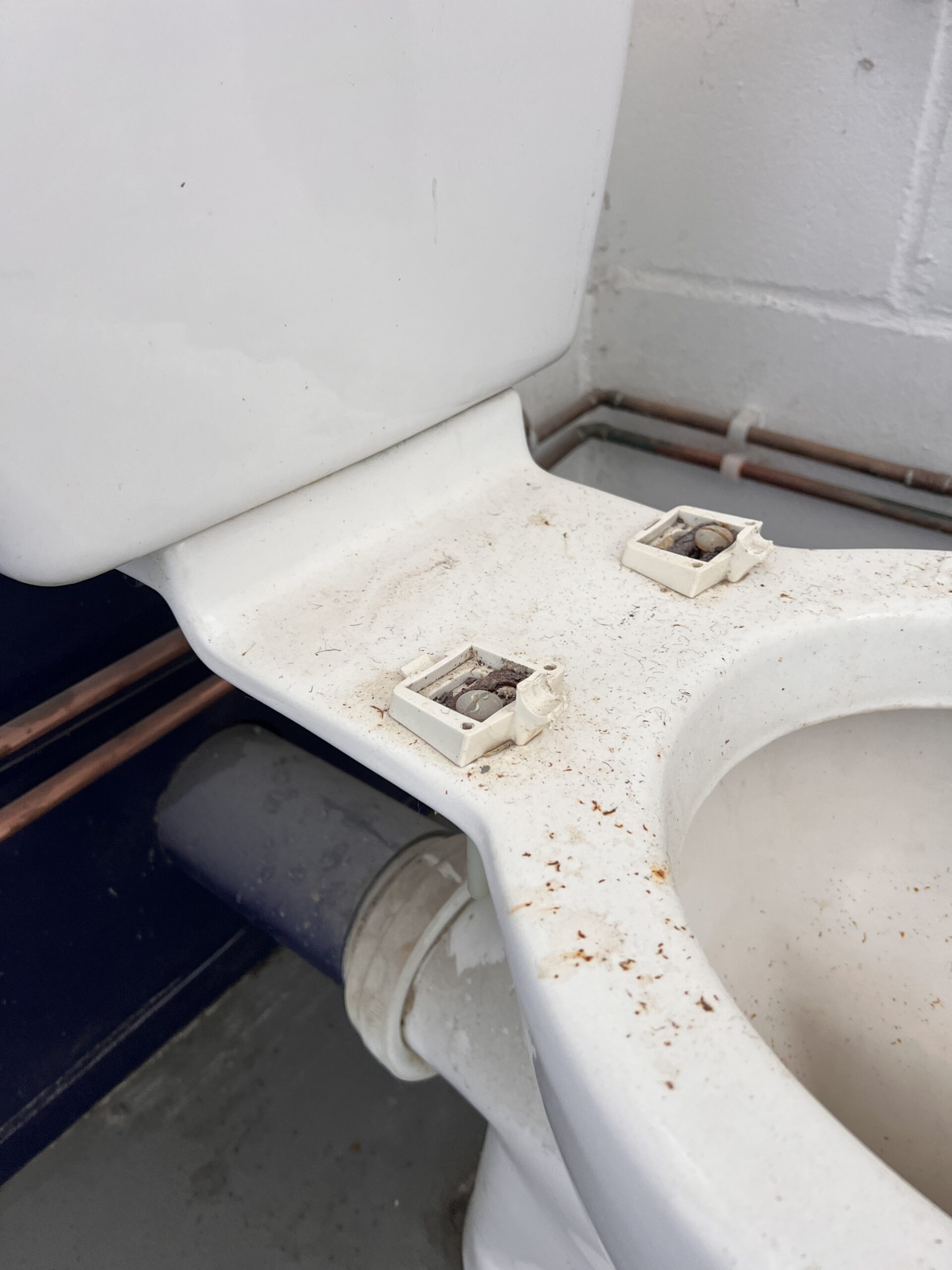 Toilet surface around the seat fittings before cleaning
